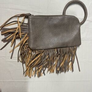 Fringe Leather Clutch in Brown and Tan